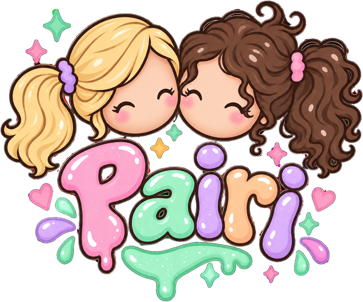Pairi logo with two smiling girls above glossy bubble letters